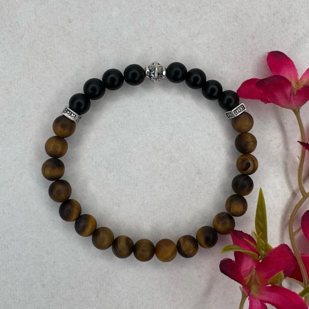 HAND CRAFTED Matte Onyx & Tiger Eye Beaded Stretch Bracelet 6.0” Circumference